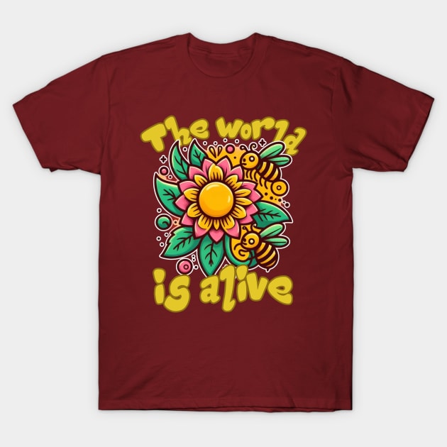 The World is Alive: Spring Bloom Buzz in Yellow, Black, Green, Brown, and Blue T-Shirt by PopArtyParty